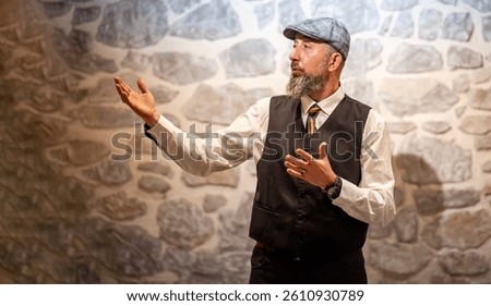 Expressive elderly man gesturing while speaking, symbolizing human connection and emotional intelligence in a world of digital communication and artificial voices.