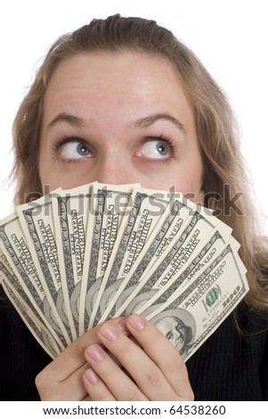 Expressive girl with dollar bills isolated on white background