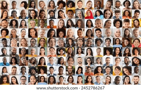 An expressive grid of diverse faces portraying a spectrum of ethnicities, gender, and ages showcasing human diversity in society