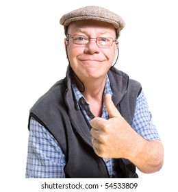 Expressive Old Man Giving Thumbs Up Isolated Against White Background.