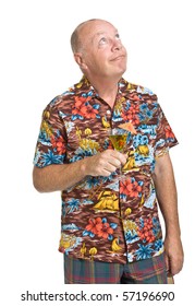 Expressive Old Man In Loud Shirt Holiday Concept Isolated Against White.