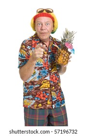 Expressive Old Man In Loud Shirt Holiday Concept Isolated Against White.