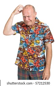 Expressive Old Man In Loud Shirt Holiday Concept Isolated Against White.