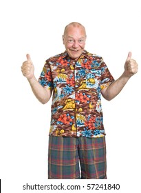 Expressive Old Man In Loud Shirt Holiday Concept Isolated Against White.