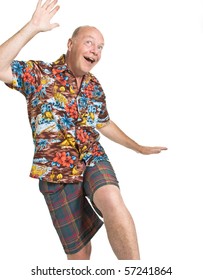 Expressive old man in loud shirt holiday concept isolated against white.