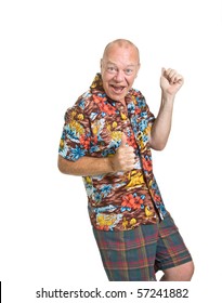 Expressive Old Man In Loud Shirt Holiday Concept Isolated Against White.