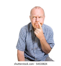 Expressive Old Man Thinking Isolated Against White Background.