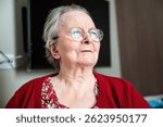 Expressive portrait of an 86 yo grandmother sitting in a wheelchair home in Tienen, Flemish Brabant, Belgium, FEB 16, 2025. Model released