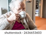Expressive portrait of an 86 yo grandmother sitting in a wheelchair home in Tienen, Flemish Brabant, Belgium 1 June 2025 Model released