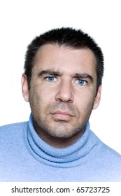 expressive portrait on isolated background of a stubble man perplex confuse frown