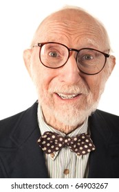 Expressive Senior Man With Bow Tie On White Background