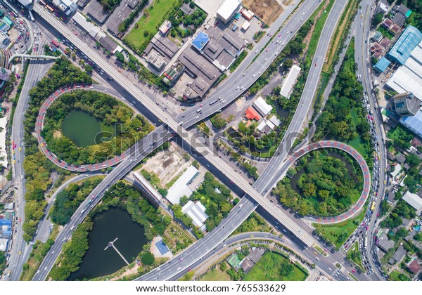 Expressway intersection cross road aerial view day\
time of non urban