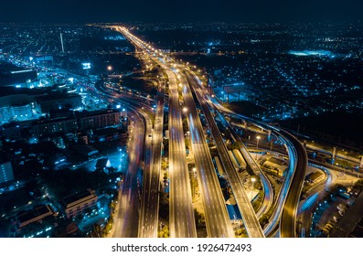 Expressway top view, Road traffic an important infrastructure in Thailand. Road and Roundabout, multilevel junction motorway, U turn road
