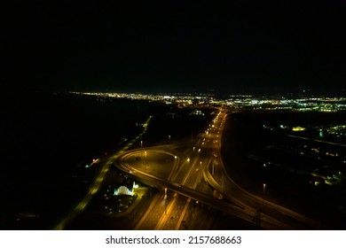 Expressway View From Above. Almost Empty Highway Road At Night In Canada.