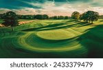 An exquisite 8K photo of a pristine golf course, captured with a Sony camera by an expert photographer. The image showcases the immaculate greens, well-manicured fairways, and the picturesque landscap