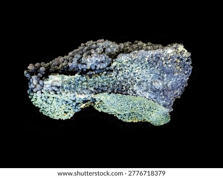 An exquisite botryoidal chalcedony specimen, featuring purple, blue, and green globular formations against black.