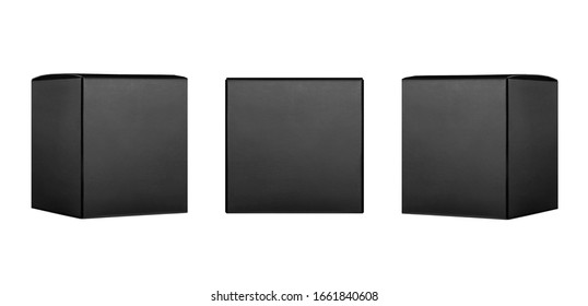 Exquisite collection of square black paper boxes  - side, front view, isolated, mock up of packing, branding product, advertising, presentation, design.