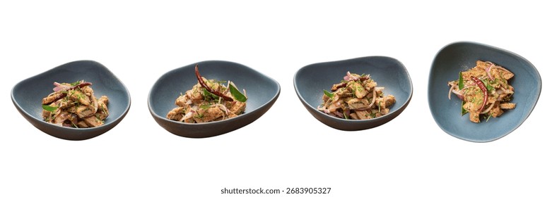 Exquisite Culinary Quartet: A top-down perspective showcases a delectable ensemble of culinary delights artfully arranged in elegant, organically-shaped bowls.