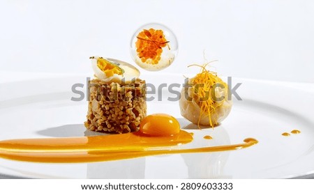 An exquisite dessert presentation featuring a layered cake, a golden egg yolk, and delicate edible flowers on a white plate.