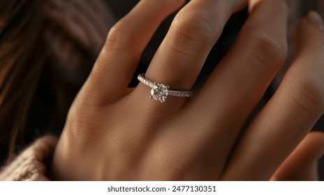 Exquisite Diamond Engagement Ring Adorning Woman's Hand suitable for business background, posters, wallpapers, banners, greeting cards, and advertising for business entities or brands. - Powered by Shutterstock