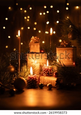 Exquisite Festive Ambiance with Glowing Candles, Beautifully Wrapped Presents, and Elegant Pine Decorations for an Unforgettable Seasonal Celebration