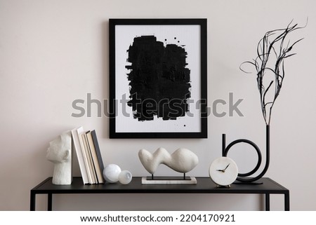 Exquisite and modern composition of living room interior with black shelf, mock up poster frame, dried flowers in vase, decoration and elegant accessories. Minimalist home decor. Template.	
