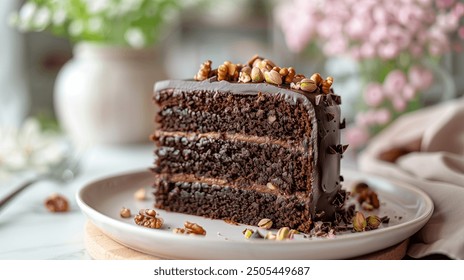 An exquisite slice of moist chocolate cake with rich chocolate frosting, adorned with a topping of crunchy walnuts and pistachios, served on a ceramic plate