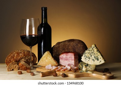 Exquisite Still Life Of Wine, Cheese And Meat Products