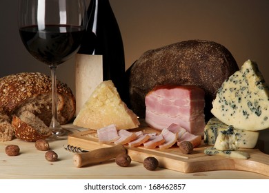 Exquisite Still Life Of Wine, Cheese And Meat Products