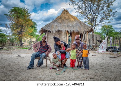 Extended African Family Three Generations, In A Village In Botswana