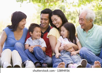 Extended Family Sitting Outdoors Smiling