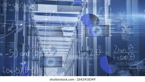 Extending aisle of server racks glowing with blinking lights and digital overlays in data center. Technology, infrastructure, digital, innovation, cybersecurity, networking, precision