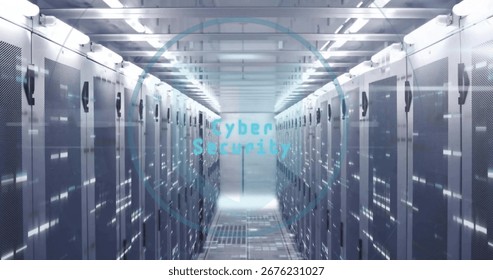 Extending corridor in server room featuring racks showing LED indicators, floor vents, cable trays. Technology, data center, infrastructure, electronics, industry, storage, network