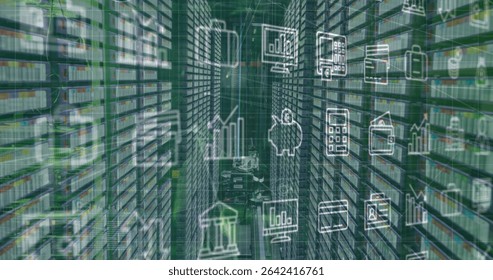 Extending narrow aisle in high-tech data center, with blinking server racks and financial icons. Technology, data, digital, futuristic, analytics, finance, networking