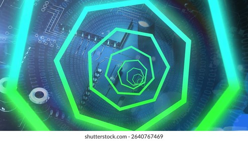 Extending neon green hexagon frames forming tunnel in cyberspace with circuit board, binary overlay. Technology, innovation, digital, futuristic, data, cyber, abstract