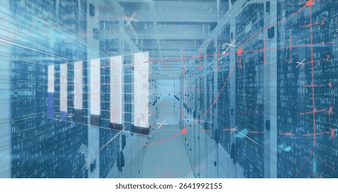 Extending server aisle receding through data center corridor, with blinking LEDs and data streams. Technology, cybersecurity, digital infrastructure, data analytics, networking, futuristic, industrial