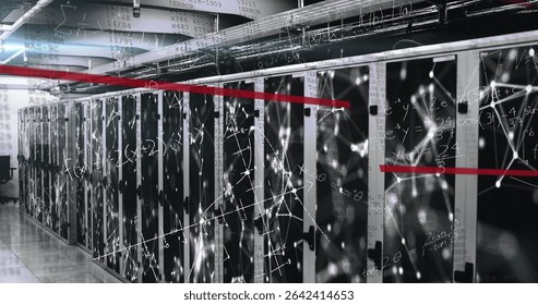 Extending server cabinets in data center, displaying network equipment, overlay, red line. Technology, data, networking, cybersecurity, industrial, digital, infrastructure