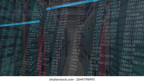 Extending server rack aisle into data center, with network cables, LED lights and code overlay. Technology, cybersecurity, data storage, innovation, industrial, digital, network