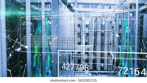 Extending server rack rows down data center corridor, with data cables and digital overlays. Technology, networking, infrastructure, cybersecurity, data management, digital, modern