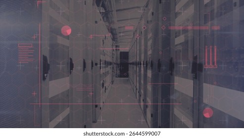 Extending server room corridor showing racks and switches, with cables, status lights and overlay. Technology, data, cybersecurity, innovation, futuristic, industrial, digital - Powered by Shutterstock - Get 15% off with code: PIKWIZARD15