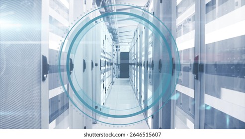 Extending white server cabinets forming long corridor in data center, with digital overlay graphic. Technology, infrastructure, network, data, connectivity, modern, industrial