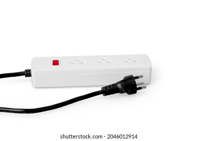 Extension Power Strip On White Background. Saving Energy And Power, Safety Dangerous Concept