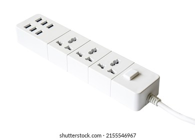 Extension Power Strip Or Trailer Plug Or Extension Cord With 6 USB Charging Hub Ports Isolated On White Background. Clipping Path.