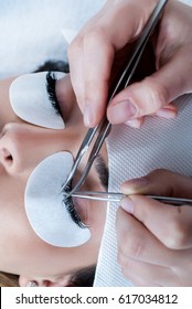 Extension Process Silk Eyelashes In A Beauty Studio, Close Up