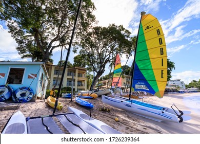 Extensive Choice Of Water Sports Equipment For Tourists Displayed On Paynes Bay Beach At The Tamarind Resort Hotel, Platinum Coast, St James, Barbados, Caribbean, West Indies 11.22.19