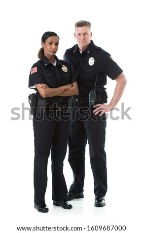 Extensive series of two police officers on white, with various props.  Also includes a child and a burglar.