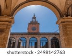 The exterior of the ancient Archiginnasio of Bologna, Italy