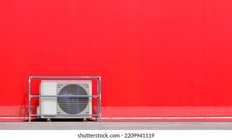 Exterior Architecture Background Of Air Conditioner Compressor On The Floor Outside Of Red Event Tent In Minimal Style