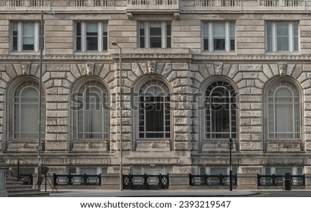 Exterior architecture of The cunard building. Pier Head, One of the Three Graces of Liverpool waterfront, Space for text, Selective focus.