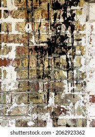 Exterior brick wall splashed with black and white paint, for background or element with themes of grunge, defacement, or experimentation